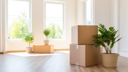 Moving in. Stack of cardboard boxes in the empty room with copy space