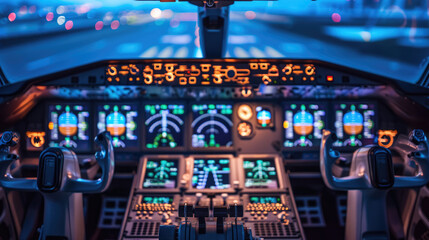 The airplane cockpit at night is illuminated with control panels