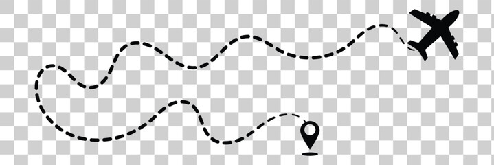 Airplane route path icon. Vector plane flight line trace, travel fly plan.
