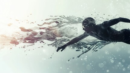 Create a dynamic double exposure silhouette of a swimmer overlaid with water splashes, blending seamlessly Focus on contrasting light and dark elements
