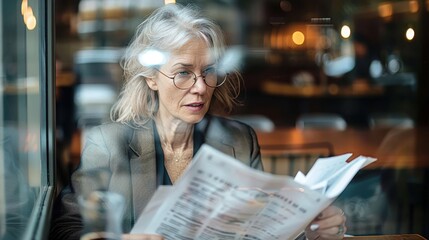 A senior woman is deeply engaged in reading paperwork while sitting by the window in a welcoming cafe, offering a glimpse of her focused and reflective state.