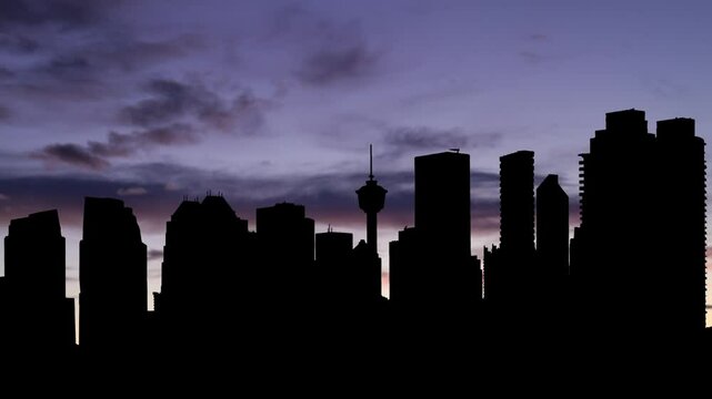 Canada: Calgary Downtown skyline at dusk, Time Lapse with Colourful Sky and Dark Silhouette of Skyscapers