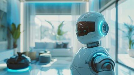 Fototapeta premium A robot is standing in a living room with a blue light on its head