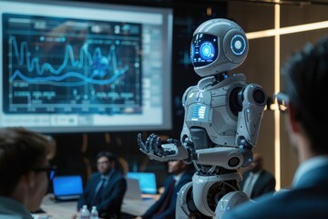 A robot is standing in front of a group of people, giving a presentation