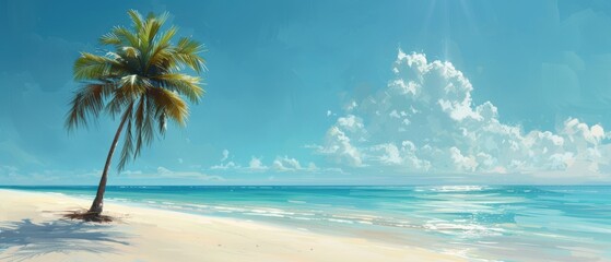 A tranquil beach scene with a lone palm tree, white sand, and a calm turquoise sea