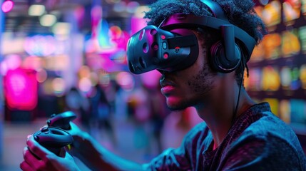 A gamer is immersed in a virtual reality game, using a VR headset and motion controllers. The game environment is vibrant and dynamic, with realistic graphics and interactive elements. The gamer is