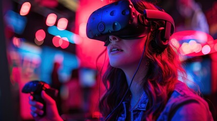 A gamer is immersed in a virtual reality game, using a VR headset and motion controllers. The game environment is vibrant and dynamic, with realistic graphics and interactive elements. The gamer is