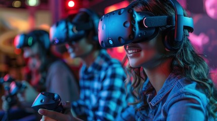 A group of friends enjoys a VR multiplayer game, using VR headsets and controllers. The game environment is vibrant and interactive, providing an exciting and immersive experience. The scene captures