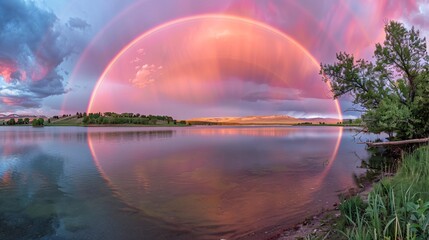 Sunset with Rainbow Over Serene Lake