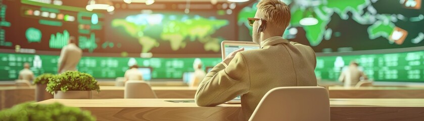 Man in control room analyzing global data on large screens, focusing on international security and communication technologies.