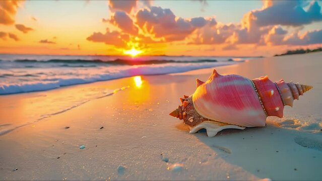 Sunrise in Bahamas with a pink conch shell on sandy beach. Concept Beach Sunrise, Pink Conch Shell, Bahamas, Tropical Retreat, Coastal Beauty