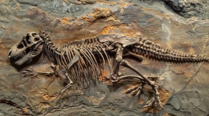 Fototapeta premium A dinosaur skeleton is laying on a rock
