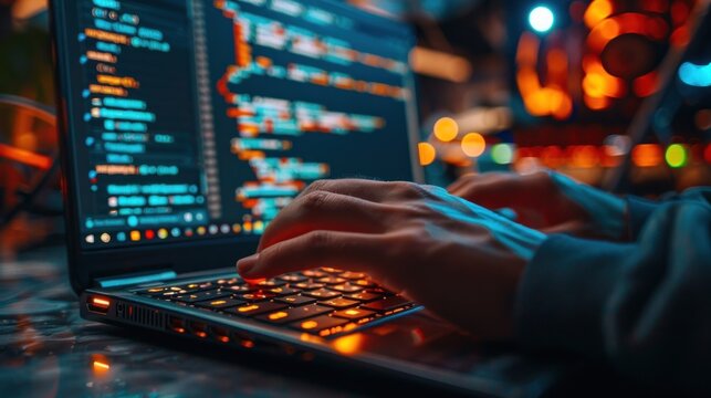 A person is typing on a laptop with a keyboard