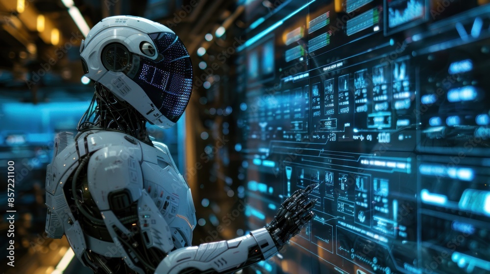 Wall mural a robot is looking at a computer screen with a blue background