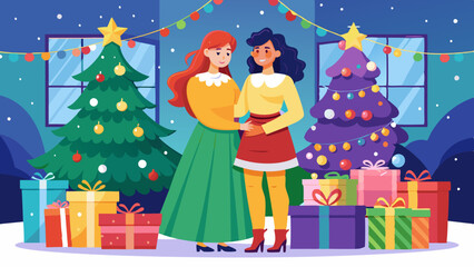 vector-lesbian-couple-standing-near-christmas-tree