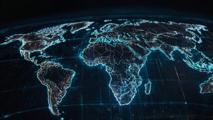 holographic 3d futuristic circular world map with continents outlined by blue light and isolated on a black screen background with coordinate data. Geopolitics and global planning background wallpaper
