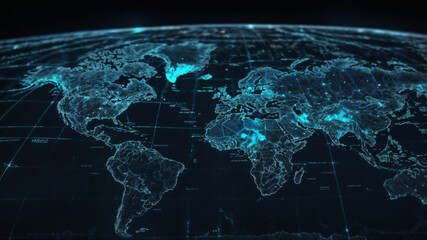 Digital map of the world highlighting continents with glowing blue lights, showing global connectivity and technological networks. The map is overlaid on a dark background, emphasizing data points