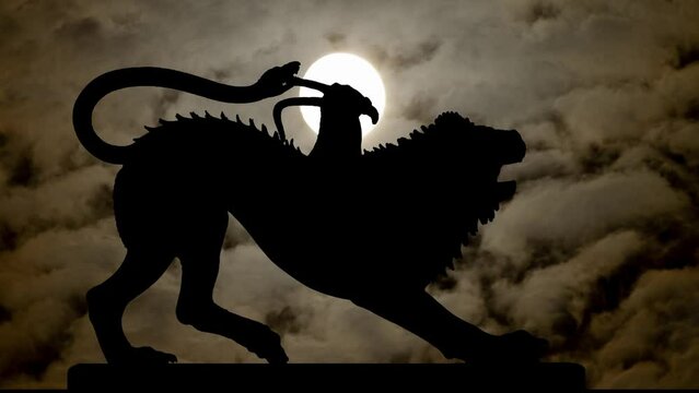Ancient Chimera Monster By Night with Dark Atmosphere, Fog, Smoke,  Full Moon and Silhouette of the Roman artwork