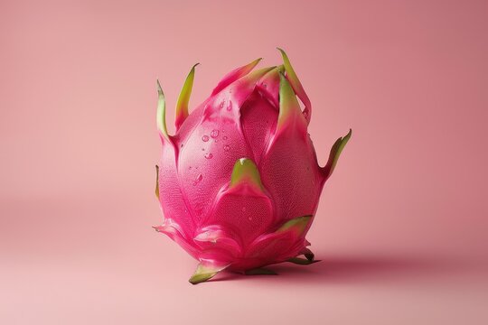 Minimalist composition of a whole dragonfruit on a plain background, highlighting its vibrant pink skin and unique texture