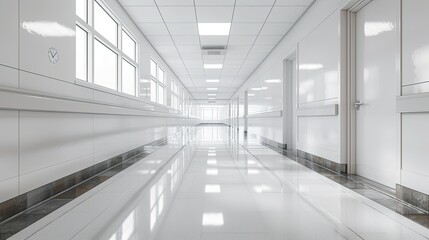 Obraz premium Empty modern hospital corridor, clinic hallway interior background