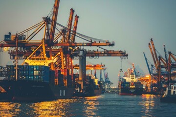 Fototapeta premium Cargo Ship at Dusk in a Busy Port