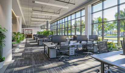 A large open space office with desks and chairs, many windows on the right side of the wall. Created with Ai