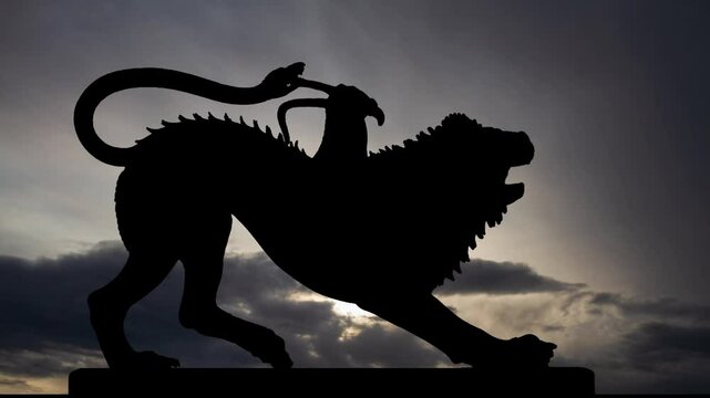 Chimera: the mythological creature at Sunrise, Time Lapse with Fast Clouds and Dark Silhouette of gorgeous ancient Etruscan artwork