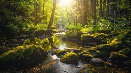 Obraz premium Tranquil Forest Clearing with Sunlit Stream and Moss-Covered Rocks