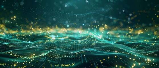 Abstract digital wave in green and gold with dynamic light effects. Bokeh and particle elements create a futuristic, immersive design