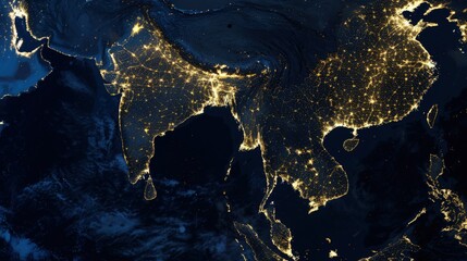 Satellite View of Earth at Night Highlighting Illuminated Cities in Asia, china, India, Thailand