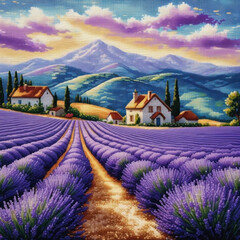 Serene lavender fields stretch toward charming cottages, set against a backdrop of rolling hills