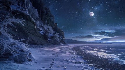 Frozen seashore beneath a starlit sky and moon