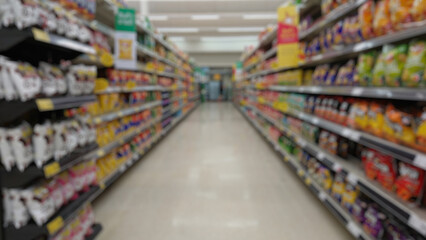 Blurred supermarket grocery store background. Banner for advertise on online media. For montage product display visual layout. Business and shopping concepts.