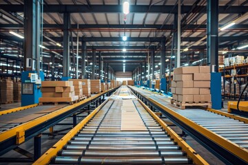Interior of a large distribution center with conveyor belts and packages
