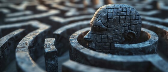 Abstract conceptual image of a human head with a maze inside, symbolizing mental challenges and problem-solving