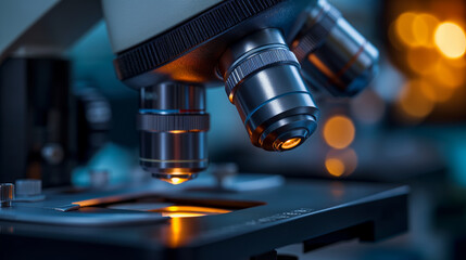 Fototapeta premium Close-up of Microscope Lenses with Illuminated Sample Stage in Scientific Research Lab