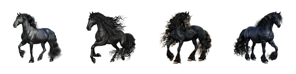 Fototapeta premium Friesian horse 3D illustration featuring a majestic animal with a flowing mane and tail, isolated on a transparent background. Perfect for clipart and digital art projects.