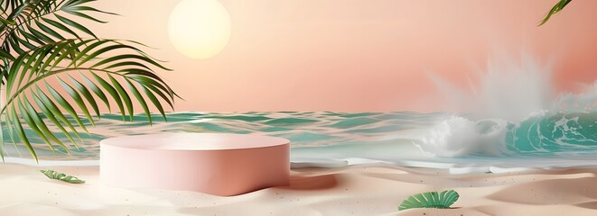 3D render podium scene with tropical summer beach background, summer promotion presentation advertising product display platform with ocean waves and sand, ad presentation podium stage background