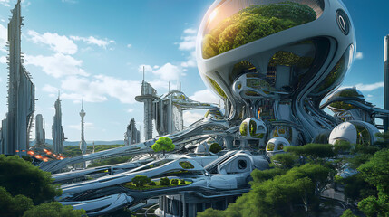 Sustainable Futuristic Biotech Factory, Autonomous Green Production, Innovation. Smart Industry, Automation, AI Robotics. Responsibility, Ecology. Renewable Energy Sources, Carbon Neutral Design