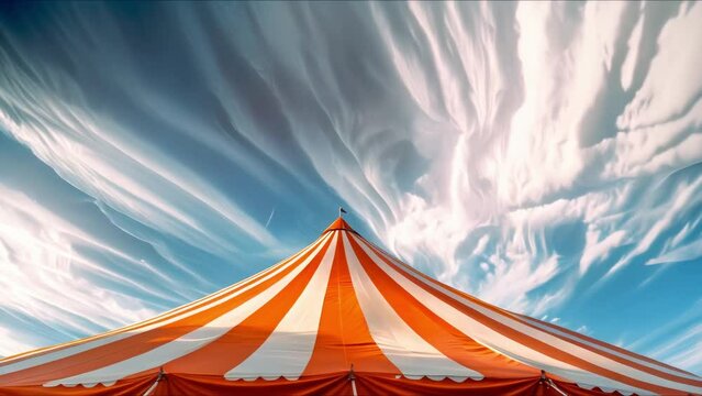 Vibrant red and white striped circus tent under blue sky. Concept Circus Tent, Red and White Stripes, Vibrant Colors, Blue Sky, Outdoor Setting