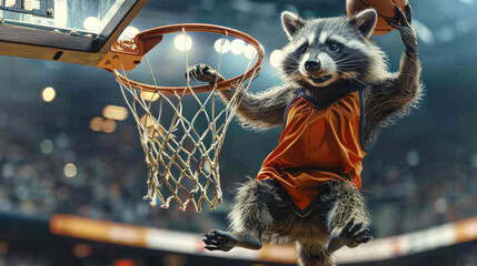 Happy raccoon basketball player dunking in stadium