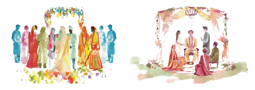 Indian wedding musical ceremony in banquet, bride-groom and people, watercolor vector illustration