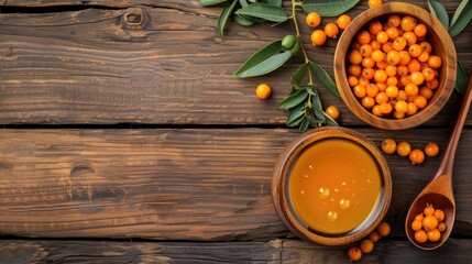 Sea buckthorn and honey in wooden bowl juice on table Top view with space