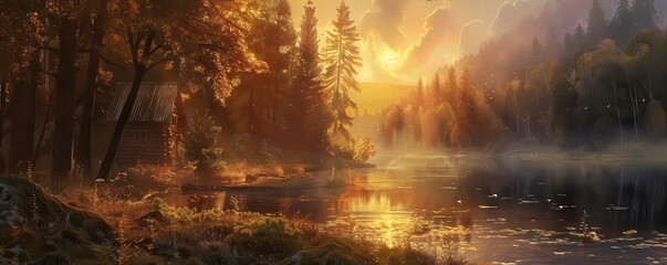 A beautiful lakeside landscape with a small cabin nestled among the trees. The sun is setting over the lake, casting a warm glow over the scene.