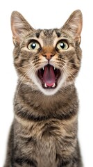 Obraz premium A close-up shot of a tabby cat yawning with its mouth wide open, revealing its pink tongue