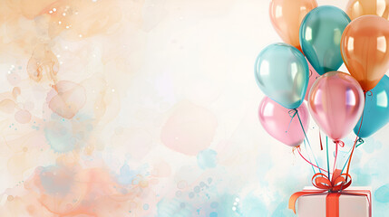 fondo con efecto acuarela con espacio para copiar con elementos decorativos de fiesta de cumpleaños con globos de colores y una caja de regalo fondo para diseñar estilo moderno y romantico 
