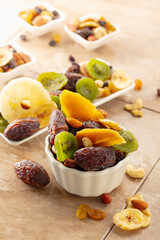 Dried tropical fruits with various nuts and raisins.