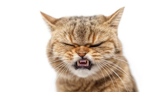 A cat with a grumpy expression and bared teeth