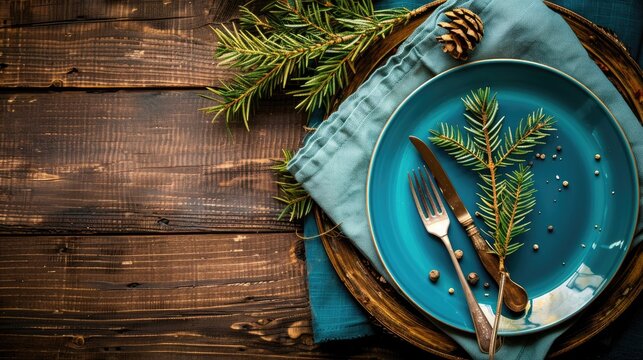 Top view of blue plate with cutlery on wooden surface adorned with green branch and napkin