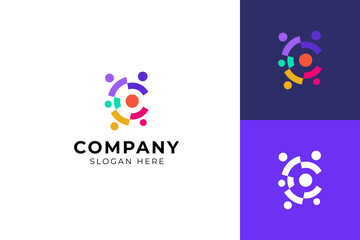 letter C logo with people group or family, team work icon, charity care symbols colorful